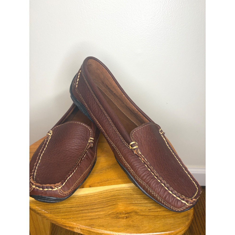 LL Bean Womens Brown Tumbled Leather Driving Loafers Vibram Sole 10 M Preppy